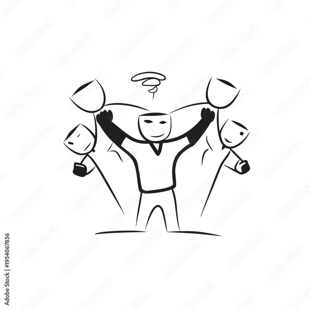 Fototapeta premium A cartoon man holding three comedy and tragedy masks