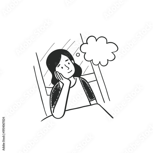 A woman sitting on a chair with a thought bubble above her head looking happy