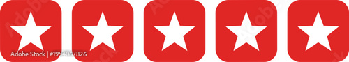 Five white stars in red squares button icon for customer feedback, quality rating, product review, service excellence, and ranking