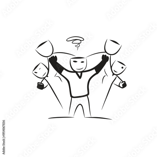 A cartoon man holding three comedy and tragedy masks