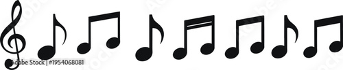 Music notes, solid silhouette vector illustrations, treble clef symbols, musical melody icons, sound pitch signs, audio composition elements, song notation graphics