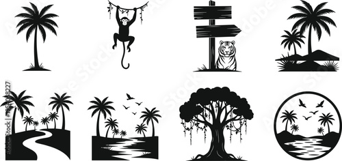 Tropical jungle nature icon set with palm trees monkey tiger hanging vines river landscapes cad drawing flat vector illustration flavector wild wildlife animals.