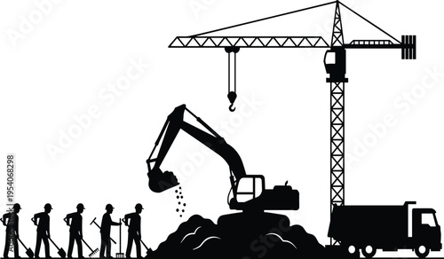 Industrial Construction Site Silhouette with Workers Shoveling Ground Near Excavator Tower Crane and Dump Truck for Building Development Civil Engineering and Infrastructure Projects