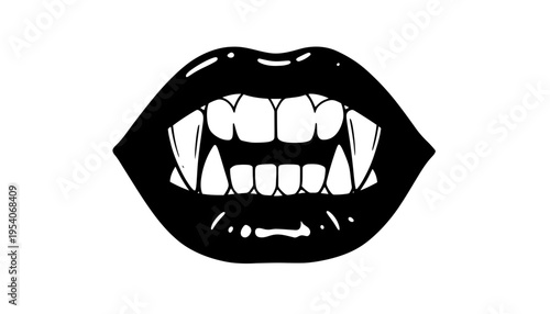 A vampire mouth with sharp fangs in black silhouette vector illustration