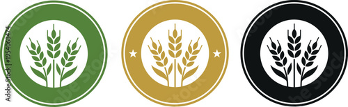 Organic wheat grain badges for natural bakery, agriculture cereal labels, flour quality icons, barley harvest, farm fresh food, and botanical.
