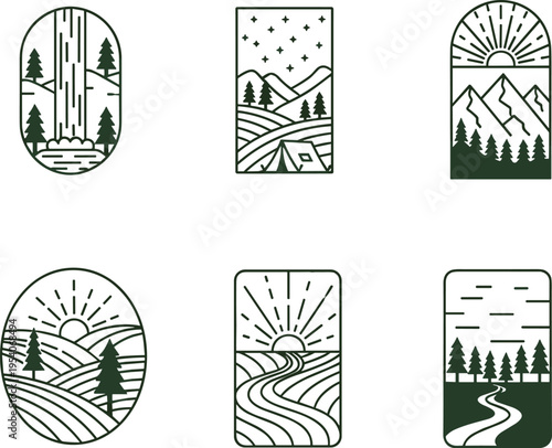 Outdoor landscape line art badges, mountain nature park adventure logo, wilderness forest travel icons, camping trip scene vector, environment.