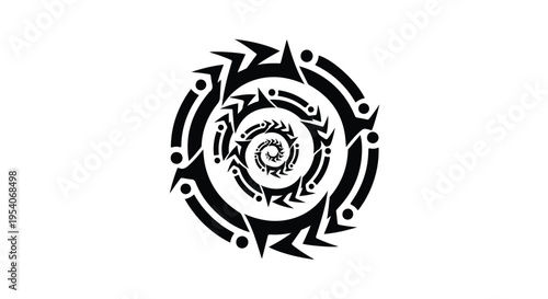 Spiral tribal art design featuring a stylized spiral pattern with sharp points on a white background