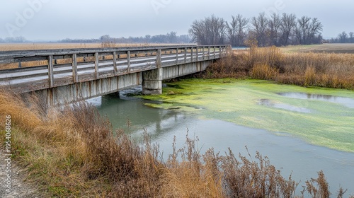 Wallpaper Mural A polluted bridge spans a rural waterway choked with green algae blooms under overcast skies Torontodigital.ca