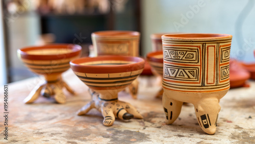 Handmade ceramic pottery vessels with traditional pre-columbian patterns