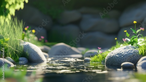 Wallpaper Mural A small creek flows into a tranquil lake surrounded by rocks and lush green grass, bathed in bright sunlight. Torontodigital.ca
