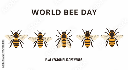 World Bee Day illustration presents five honey bees in row on white. World Bee Day graphic highlights vital pollinators, striped bodies, symbolizing environmental conservation.