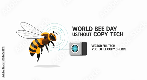 World Bee Day celebration with flying bee illustration. Global World Bee Day event includes important message for environmental protection, promoting pollinator awareness.