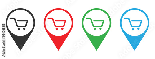Shopping Cart Location Pin Icon Set – Cart Pin Symbols in Black, Red, Green and Blue