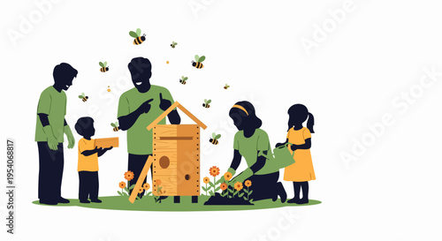 Family beekeeping activity with parents and children tending to beehive. This family beekeeping scene shows individuals harvesting honey and planting flowers, fostering connection with nature.
