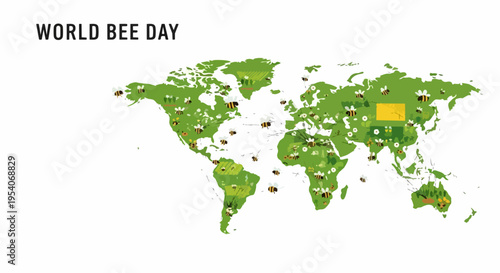 World Bee Day celebration global map showing bee icons across continents. World Bee Day concept highlights importance of pollinators worldwide for ecological balance and sustainable agriculture.