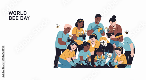 Diverse group celebrates World Bee Day, planting flowers for environmental care. People gather to support World Bee Day, promoting pollinator protection and ecological awareness.