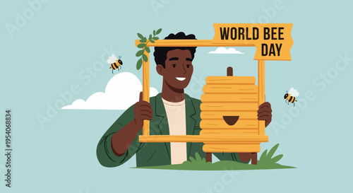 Smiling man celebrating World Bee Day, holding wooden frame with beehive. Illustration shows African American person with flying bees, natural leaves,