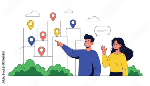 A man and woman looking at a city map illustration with location pins