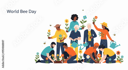 Community celebrating World Bee Day, planting flowers together. Diverse group of people, various ages and ethnicities, actively engaged in gardening,