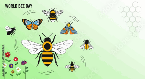 World Bee Day illustration shows honey bee, butterflies, moths, other insects on green background. World Bee Day highlights pollination, ecosystem health, and flowers.