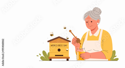 Elderly woman celebrating World Bee Day, holding honey jar with dipper next to wooden beehive. Illustration portrays senior lady with flying bees, emphasizing World Bee Day conservation.