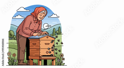Elderly beekeeper woman working with beehive on sunny farm. Senior beekeeper woman checking wooden apiary box, surrounded by flying bees and wildflowers.