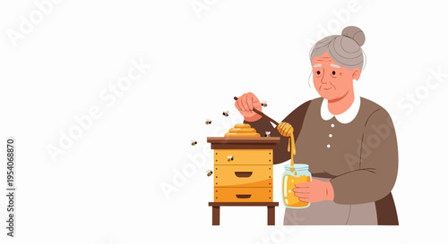 Elderly woman shows honey production, collecting golden liquid from beehive into jar. Experienced female manages honey production, showcasing traditional apiculture.
