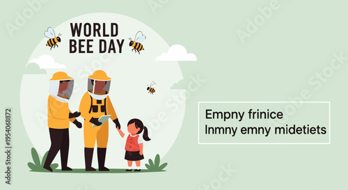 Beekeepers and child observe World Bee Day, promoting insect protection. Adults in protective gear with young girl for World Bee Day event. Conservation message for World Bee Day initiatives,