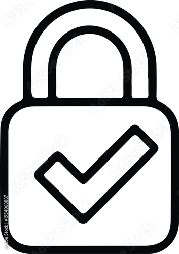 Secure lock icon with checkmark approval, Simple line icon of a padlock with a checkmark, symbolizing security, verification, privacy protection, and trusted access or approved authentication.