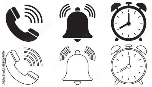 Alarm clock, phone call, notification bell icon set, solid outline, reminder, alert, communication, mobile app, interface design, notification symbol, vector icons