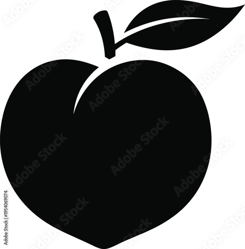 Peach icon vector illustration, black silhouette of fresh fruit with leaf, organic food symbol, sweet nectarine graphic isolated on white background.