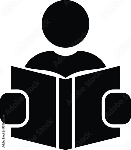 Person reading book icon, student studying education symbol, library literacy concept, knowledge learning vector illustration, academic research silhouette, school reader