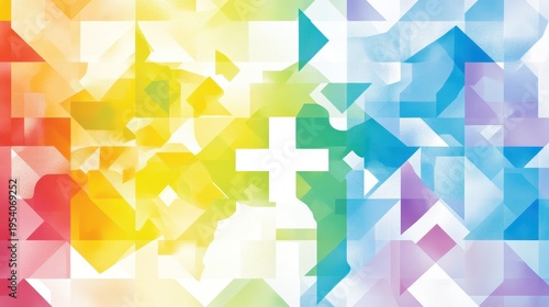 A White Christian Cross Symbol Overlapping a Vibrant Abstract Geometric Background with a Rainbow Gradient