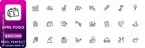 April Fools icon set with prank elements, funny jokes, humor symbols and playful design collection for celebration and comedy vector icons