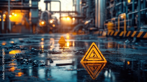 Wallpaper Mural Cautionary hazard triangle sign reflecting in wet industrial ground, indicating chemical spill danger during bright daylight. Torontodigital.ca