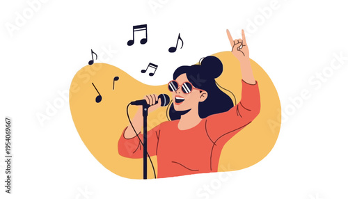 A woman singing into a microphone with musical notes around her