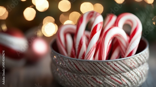 Wallpaper Mural Classic Red and White Striped Christmas Candy Canes Arranged in a Decorative, Glittering Holiday Tin with Soft Bokeh Lights in the Background Torontodigital.ca