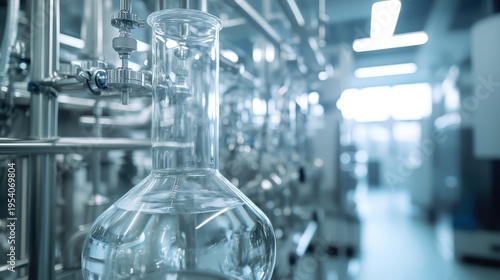 Wallpaper Mural Close-up of modern laboratory glassware with scientific apparatus in a bright industrial setting, representing advanced research and development. Torontodigital.ca