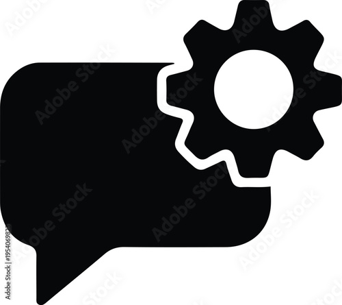 Customer Support Chat with Settings Gear Icon, Simple black icon showing a chat bubble with a gear symbol, representing customer support, service settings, communication, and technical assistance conc
