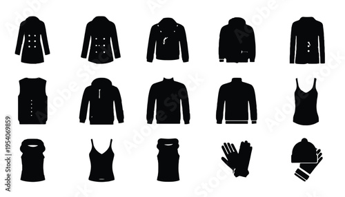 Clothing vector icons set including jackets, hoodies, and accessories