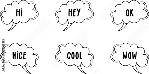 A collection of six hand-drawn speech bubbles containing short, informal text expressions on white