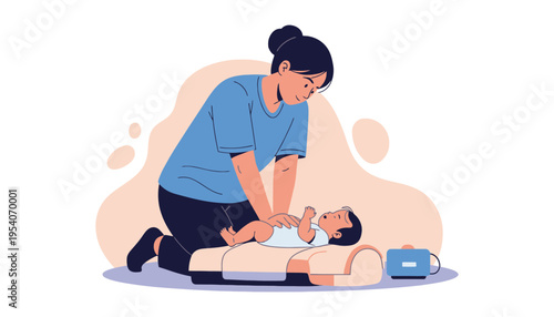 A woman giving a baby a diaper change on a changing table