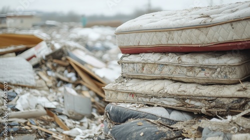 Wallpaper Mural Discarded Mattresses and Broken Furniture Overflowing in a Landfill Under Soft Light Torontodigital.ca
