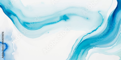 Abstract blue watercolor background featuring a fresh liquid wave and clear water splash with flowing ripples on a clean white surface
