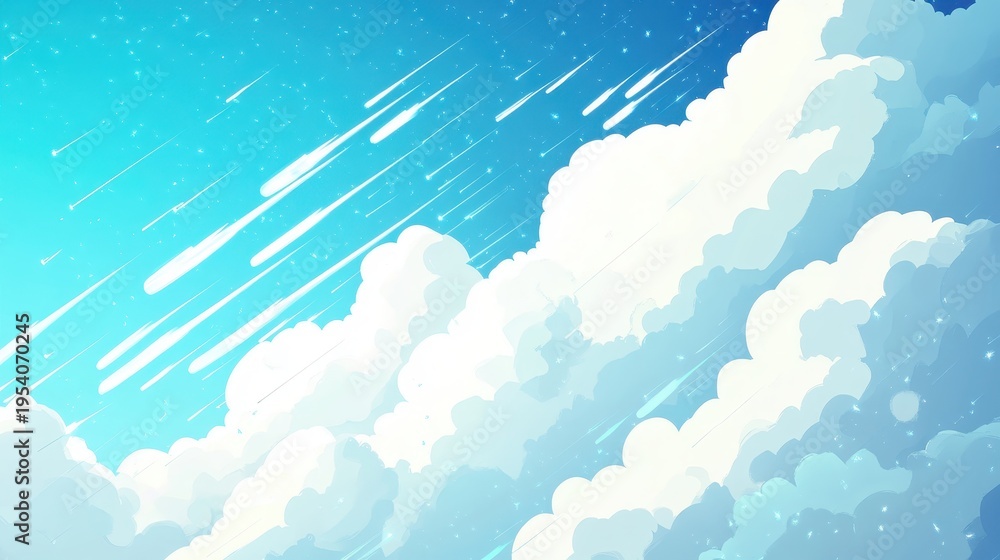Obraz premium Dynamic sky with rolling clouds and streaks of light against a bright blue background
