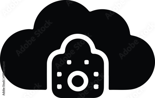 Cloud storage camera icon symbol minimal design, Simple black cloud with camera icon representing online photo storage, backup, and synchronization concept for apps, media services, and digital archiv