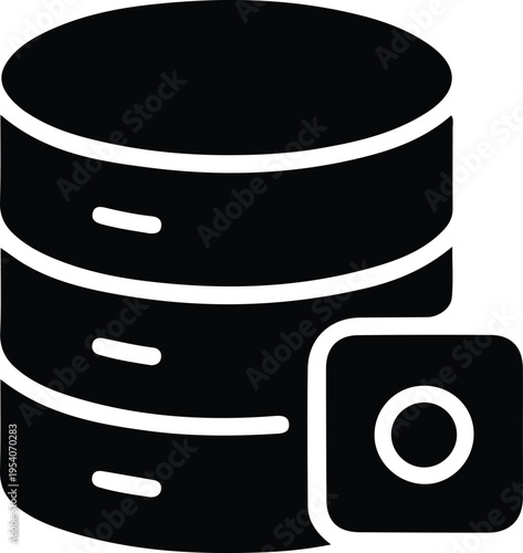 Database Storage Icon with Search Function, Simple monochrome illustration of a database stack with search symbol, representing data storage, retrieval, indexing, and information management systems.