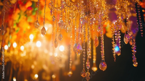 Wallpaper Mural Festive chandelier adorned with shimmering crystals and colorful ornaments creating a warm, celebratory ambiance with vibrant tones. Torontodigital.ca