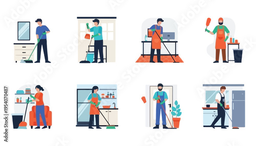 Cleaning service workers in various tasks and settings illustration set