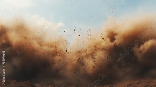 Explosive dust cloud with debris scattered in the dynamic, sunlit sky